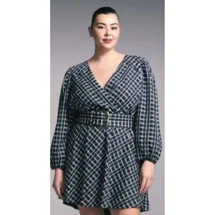 Tanya Taylor Nicola Plaid Check Long Sleeve Belted Navy Marbl Dress Size 12 NWT