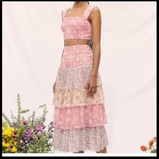 House of Harlow Pink Floral Smocked Crop Top Tiered Maxi Skirt Set Size Small