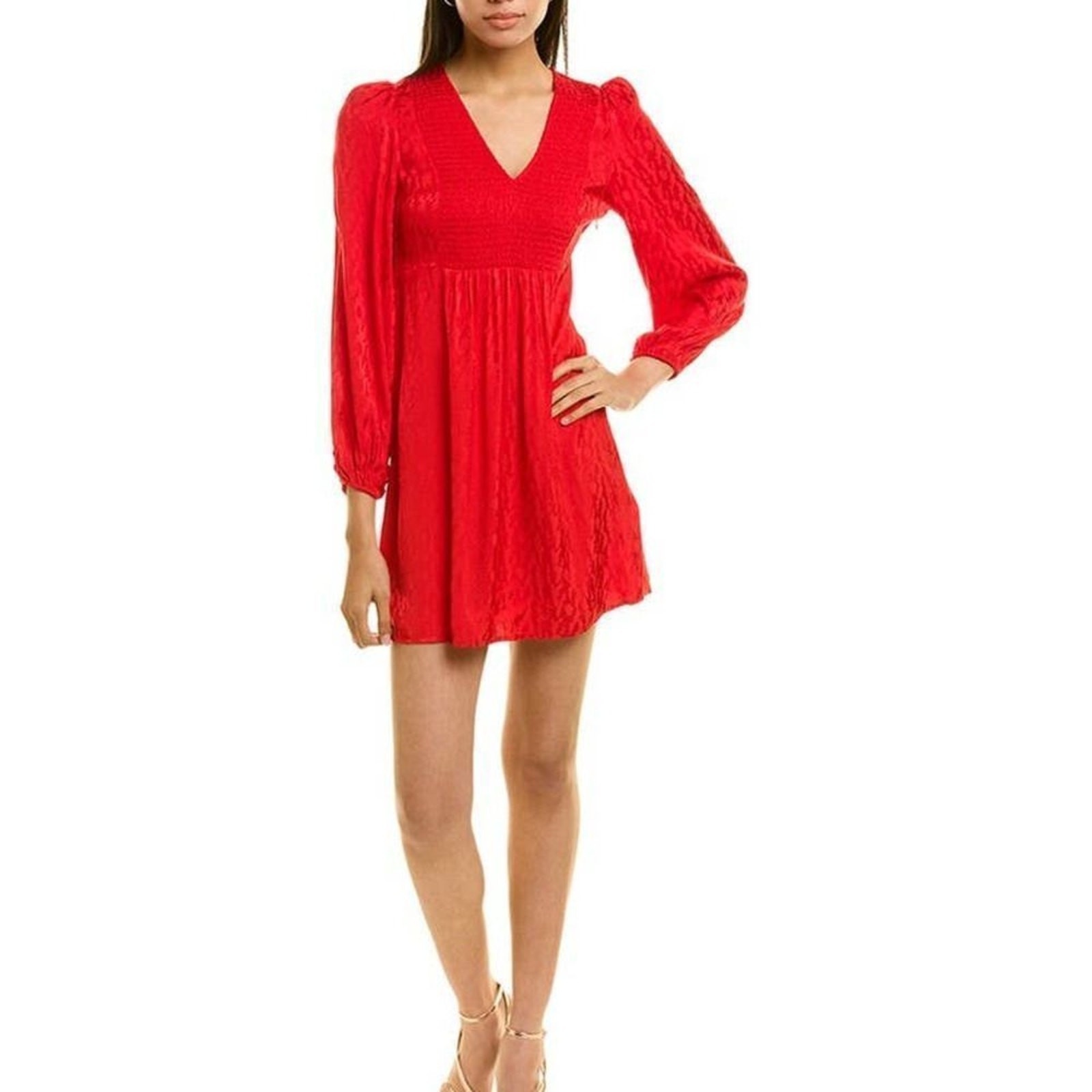 Maje Rimine Dress Womens Satin Jacquard Red Long Sleeve VNeck Pullover Size S 1