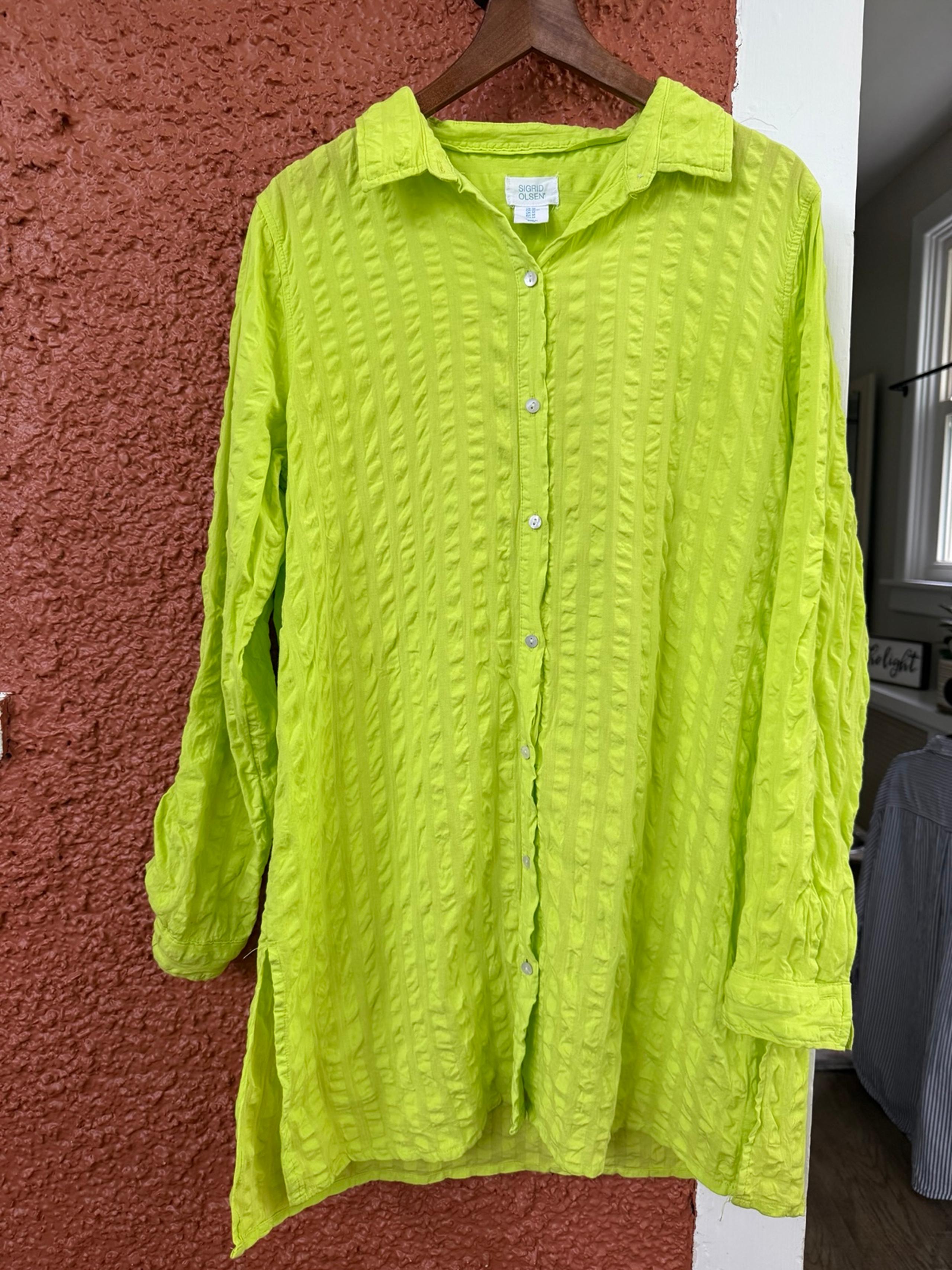 Sigrid Olsen Lime Green 100% Cotton Roll Tab Button Up Cover Up Tunic Size M