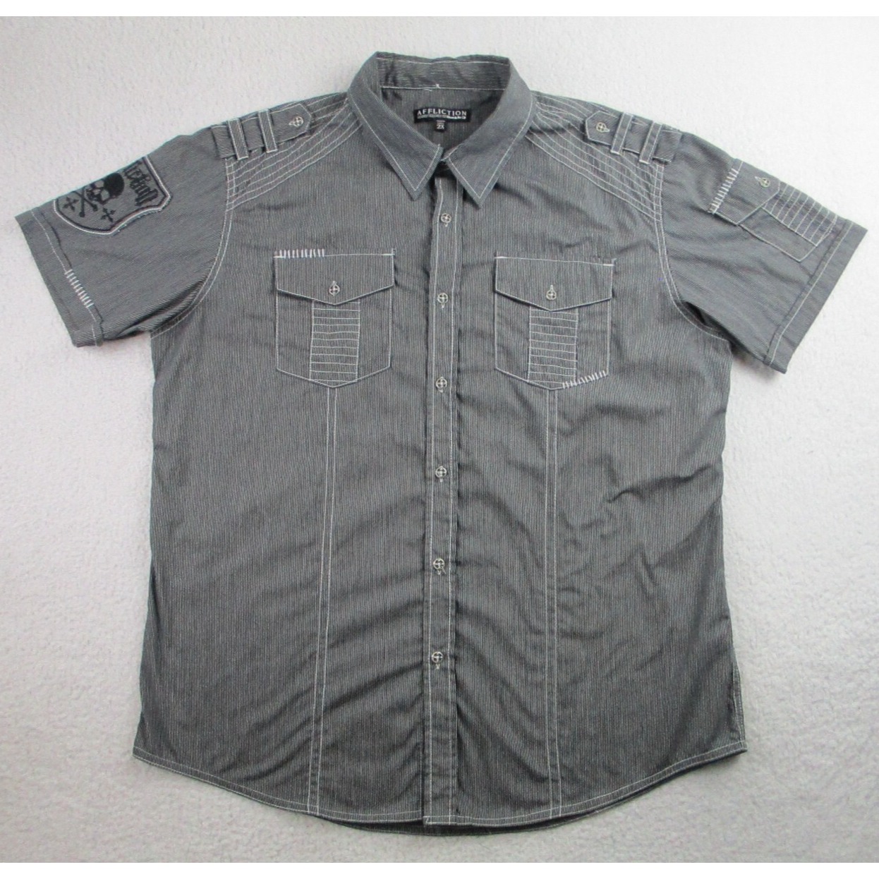 Affliction Shirt Mens Size 2XL Black White Striped Short Sleeve Embroidery 2X