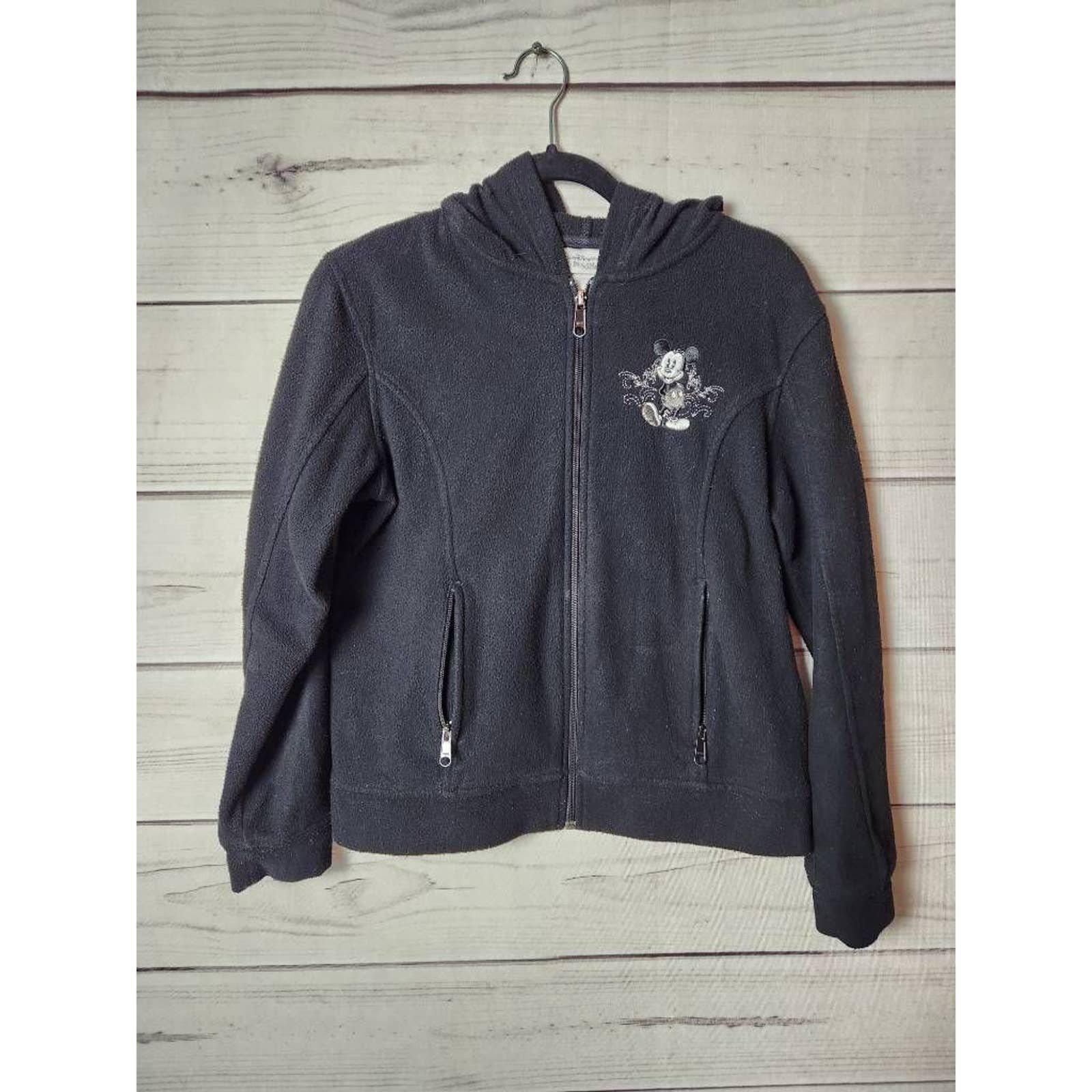 Walt Disney World Womens Hoodie Sweatshirt Black Fleece Mickey Mouse Pocket Zip