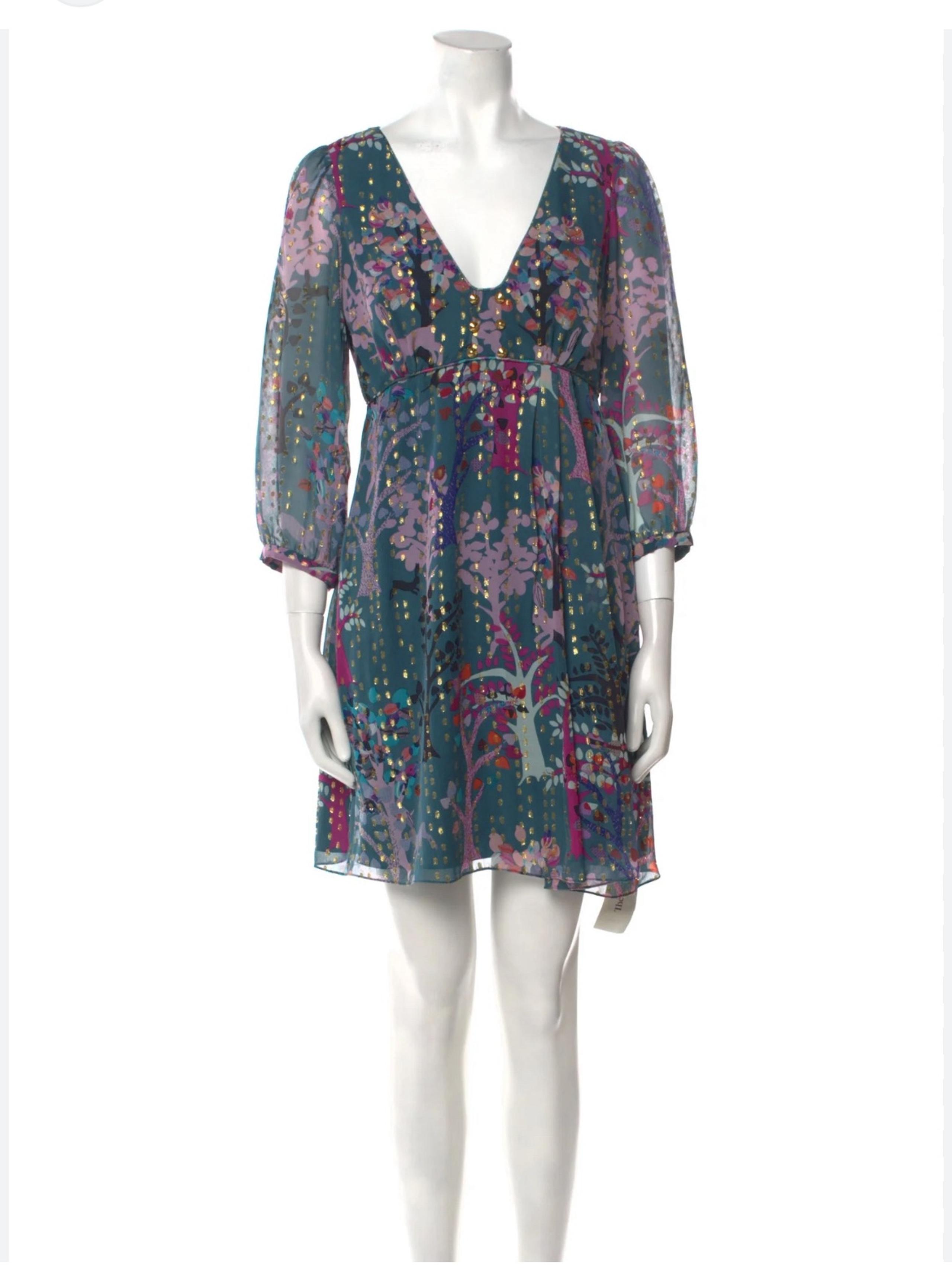 Tibi Teal and Pink Tree Print Spring Dress, Size 10