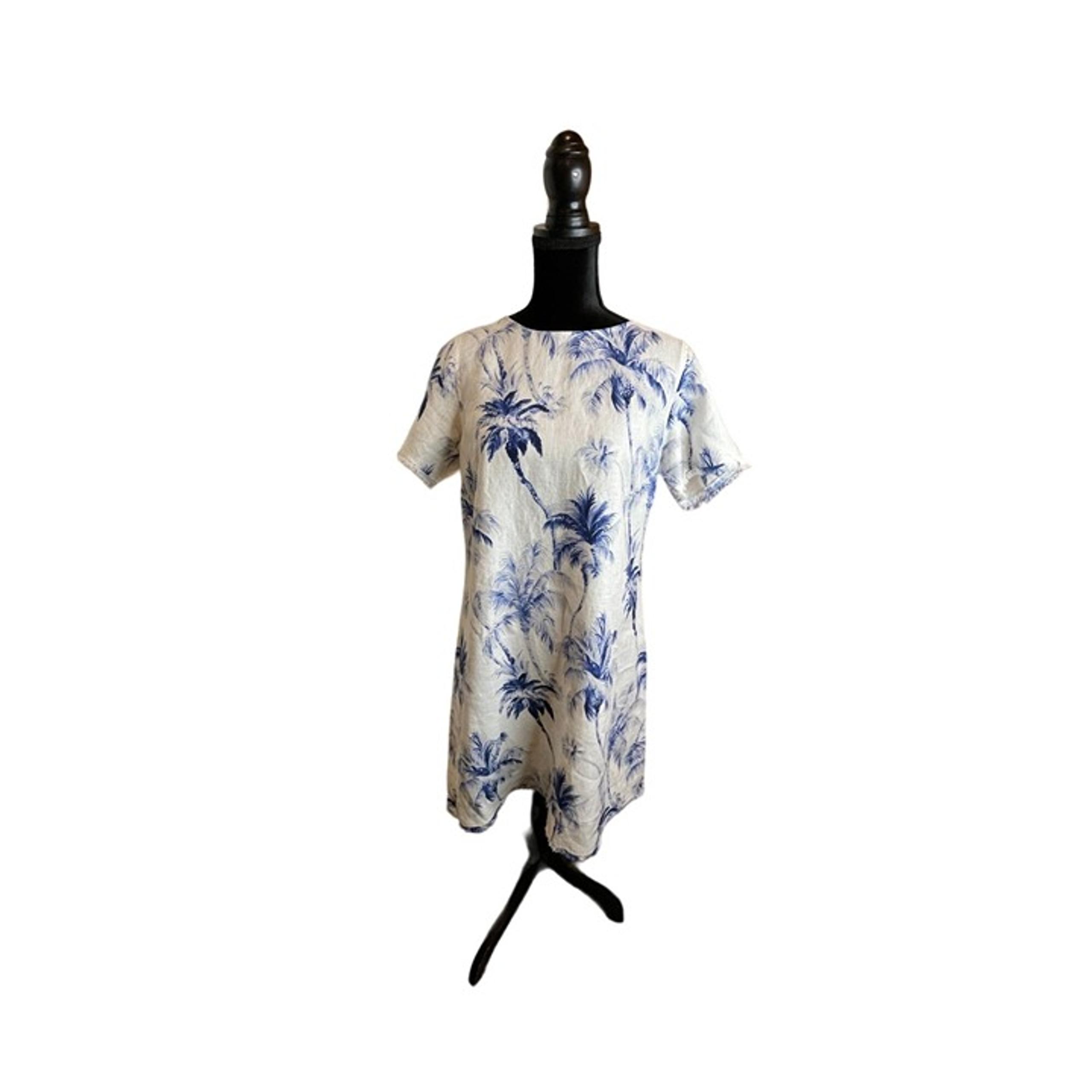 Tommy Bahama Women's Medium Blue & White Palm Tree Print Linen Dress FLAW Beach