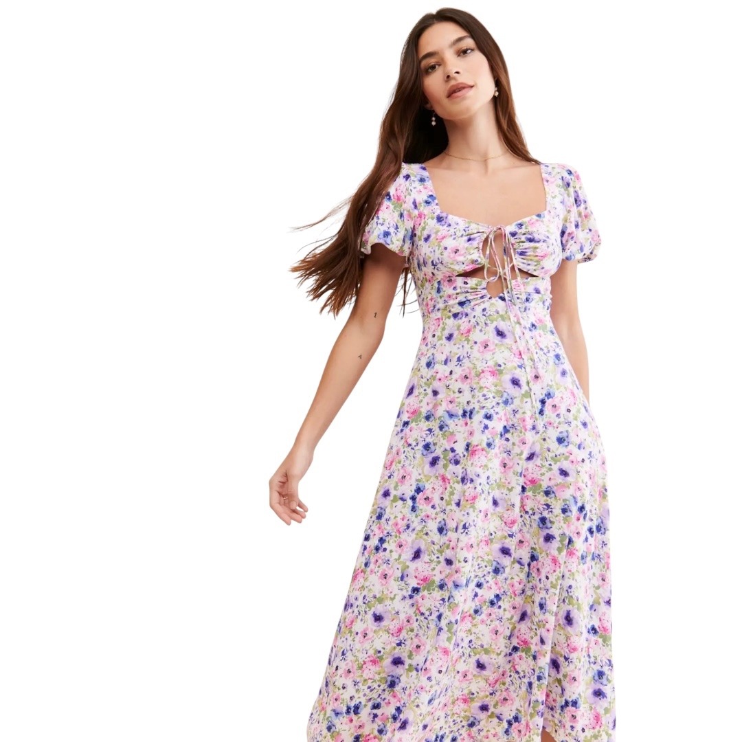 ASTR the Label Floral Midi Tie-Front Dress Size S Purple Blue Puff Sleeve