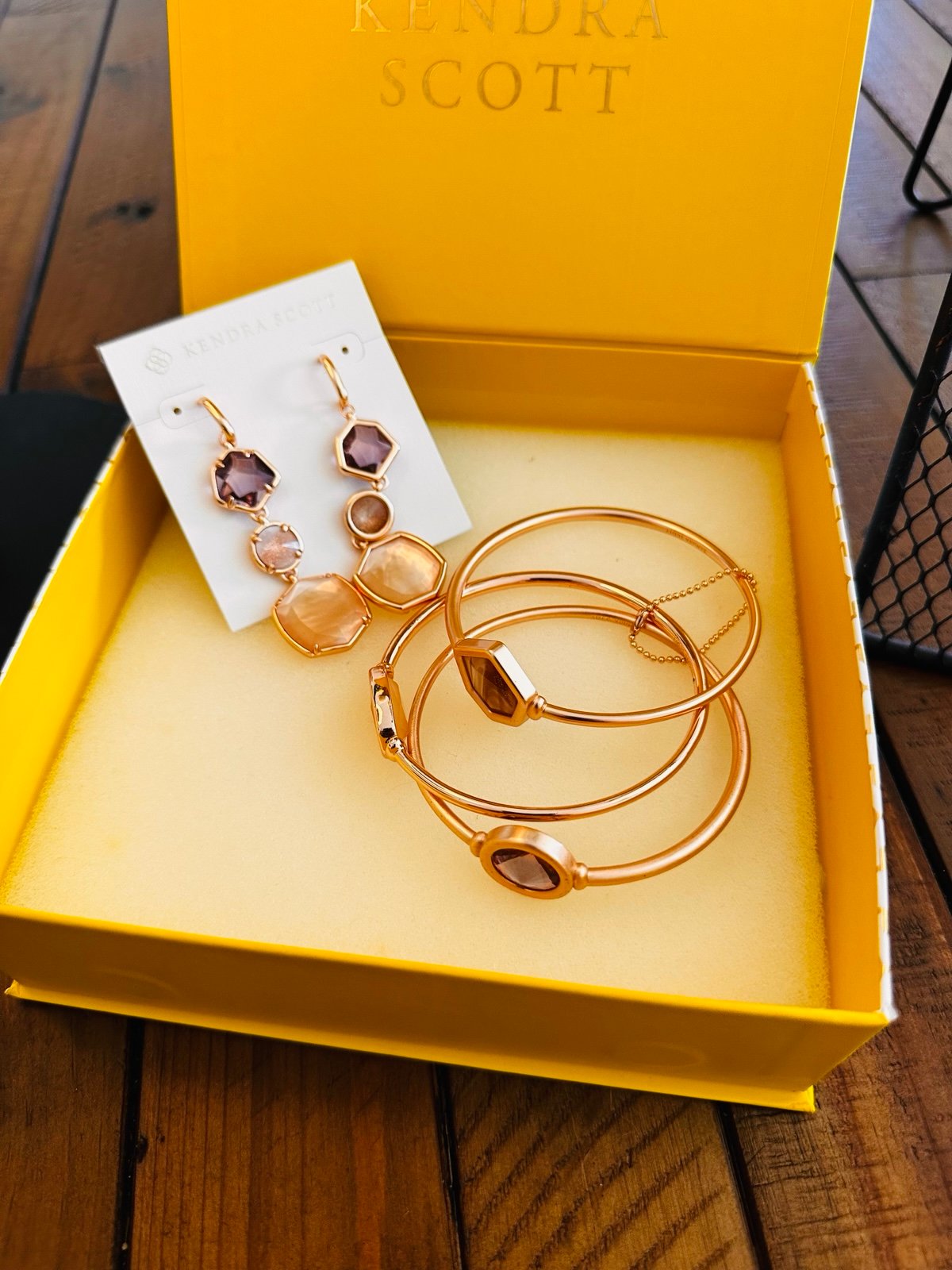 Kendra Scott Rose Gold Earrings and Matching 3 Bangle Bracelets.