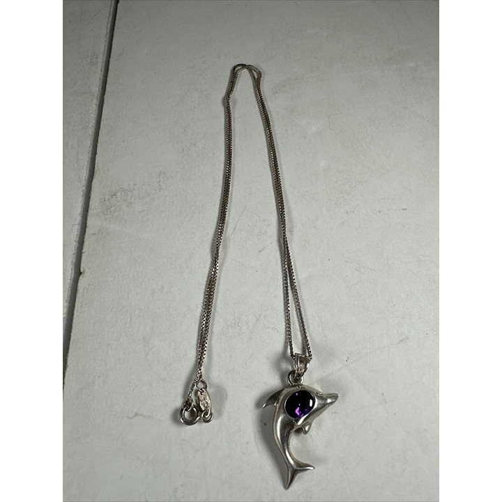 GENUINE AMETHYST STONE DOLPHIN SILVER PENDANT NECKLACE