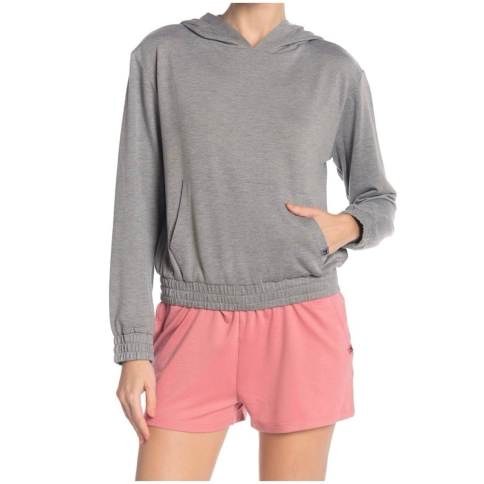JOE'S JEANS Kangaroo Pocket Long Sleeve Smocked Hoodie Tops, Heather Gray, Large