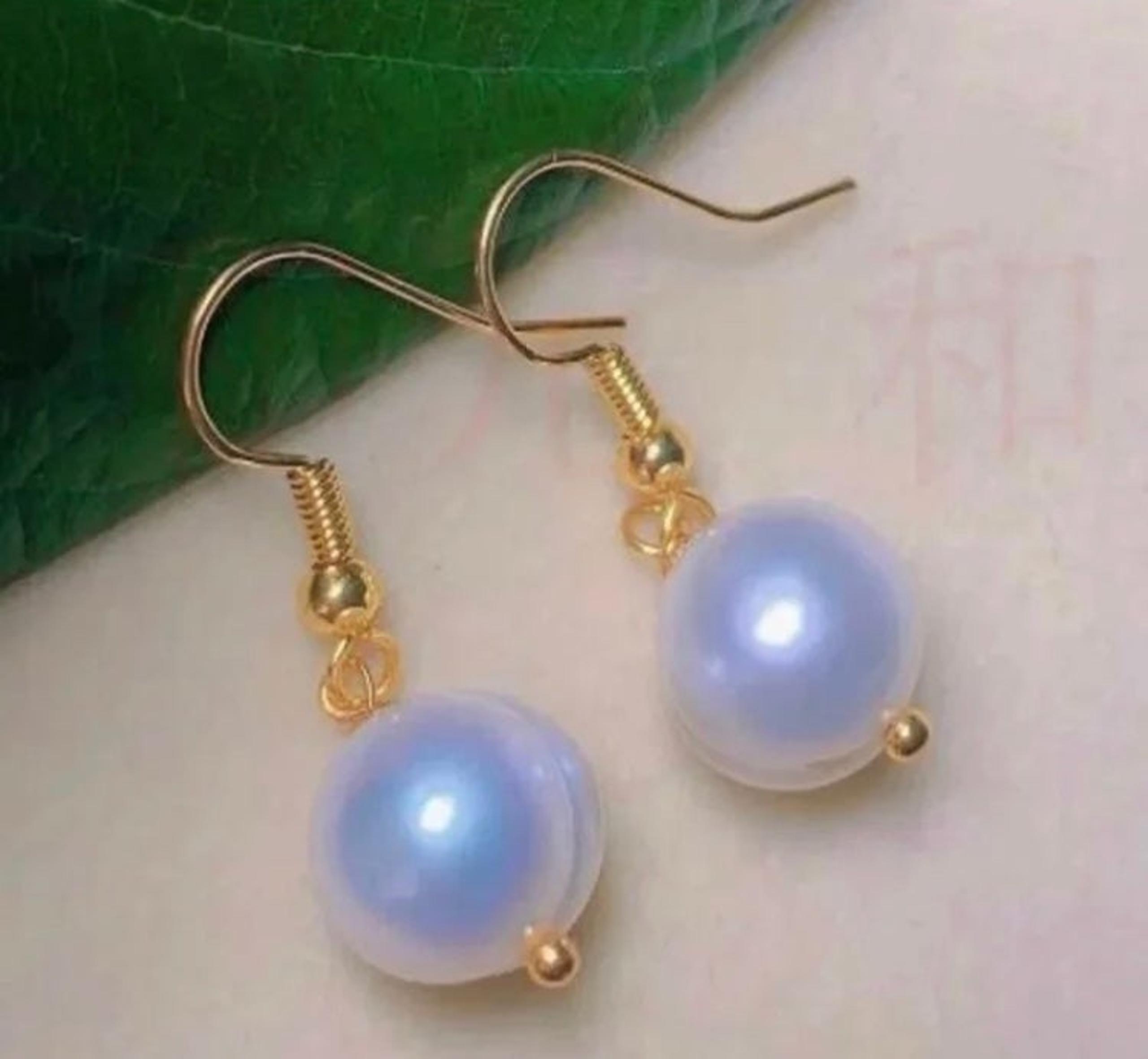Stamped 925/18K Gold 10MM Round NATURAL Baroque White Pearl Dangle Drop Earrings