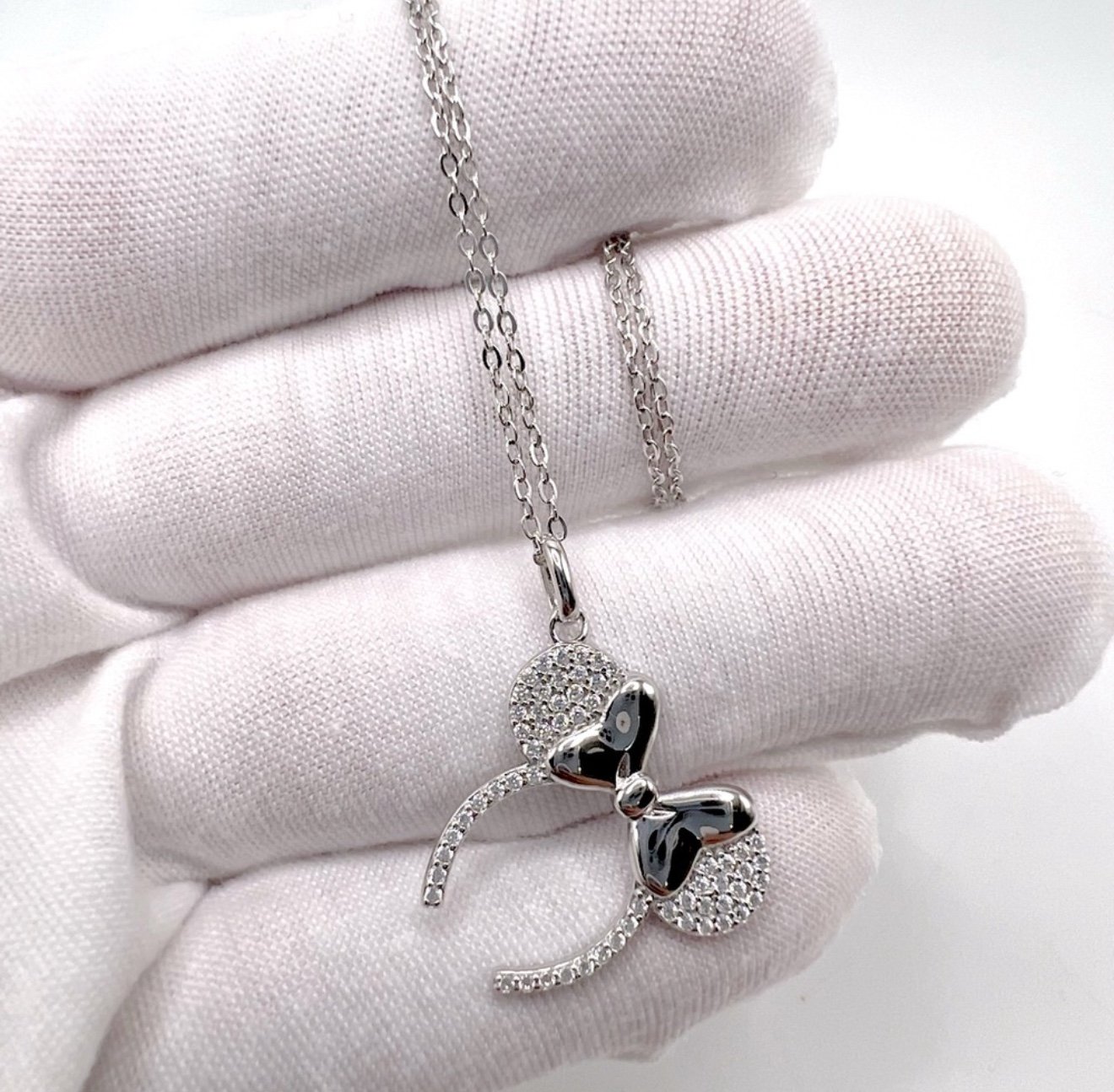 .925 Sterling Silver Cz Mouse Ears with Bow Headband Necklace