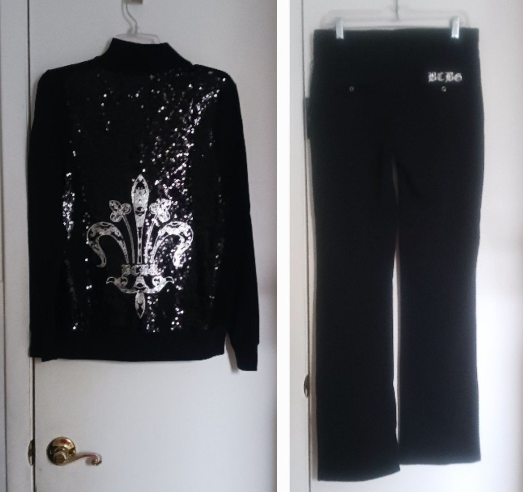 BCBG Maxazria Black Sequined Jacket & Pants Tracksuit Sz L