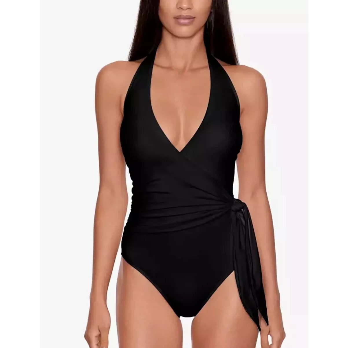 LRL Ralph Lauren Halter Side Tie One Piece Swimsuit Size 12 Black Slimming New
