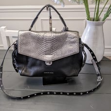 MICHAEL KORS Bristol Flip Top Handle Satchel Purse Handbag Black Silver Croc
