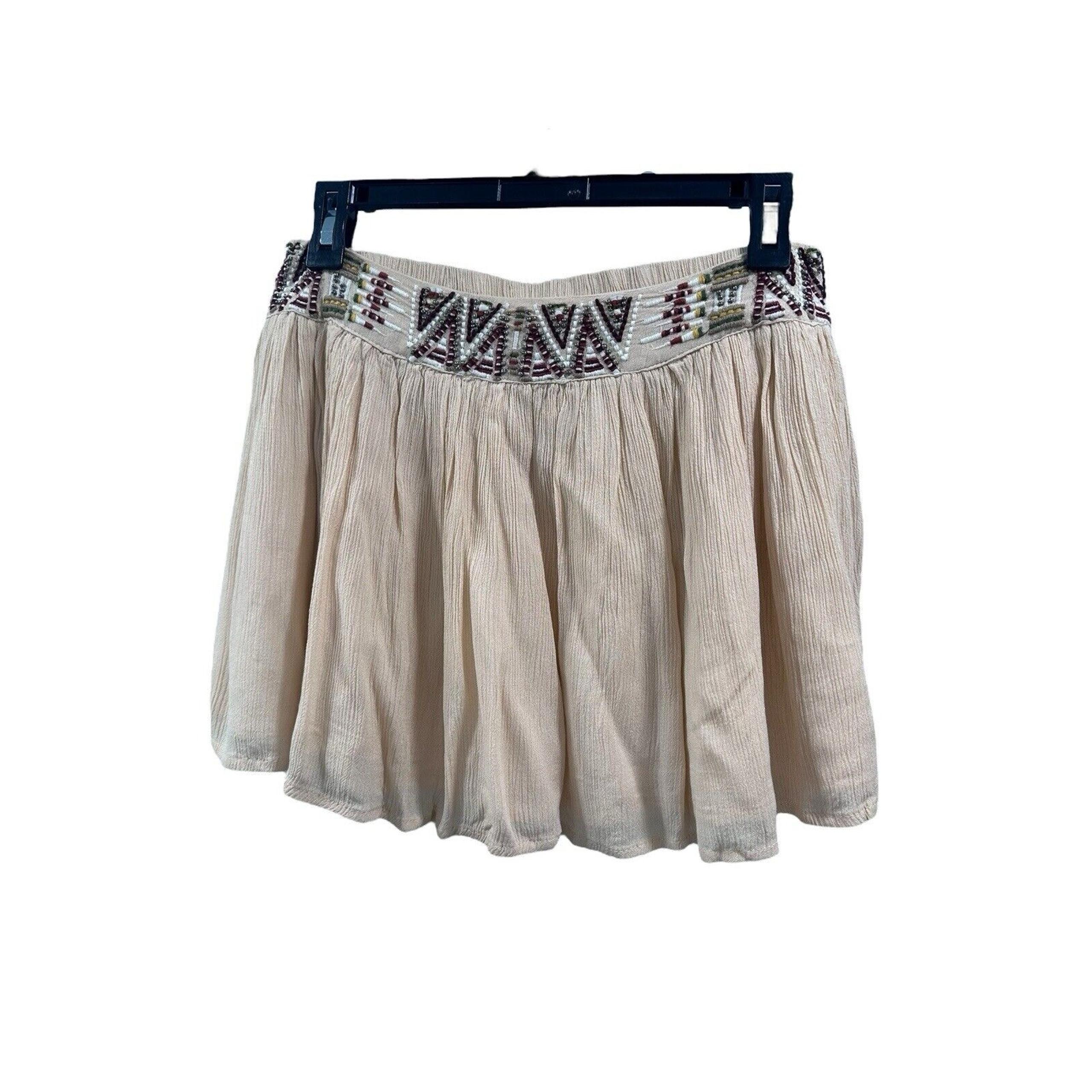 NWT Anthropologie Raga Embroidered Beaded Gauze Skirt Beige Sz M Boho Festival