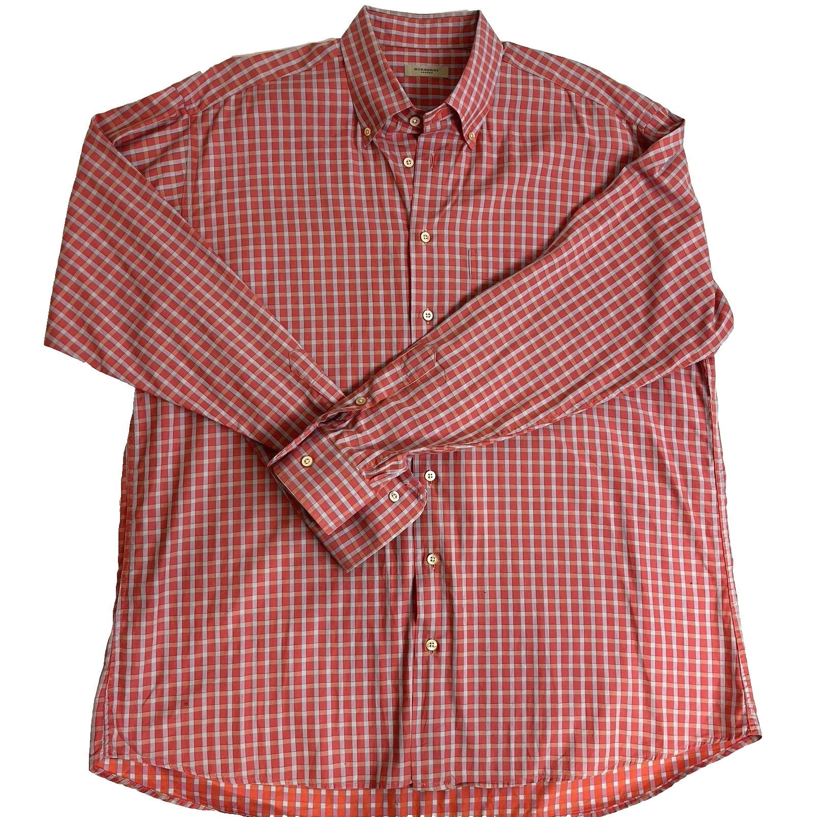Burberry London Long Sleeve Button Down Shirt Men's Size XL Salmon Color Plaid