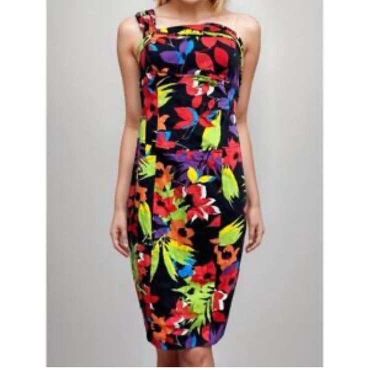 Cache Womens Colorful Bright Floral One Shoulder Sheath Dress Size 6 Flirty