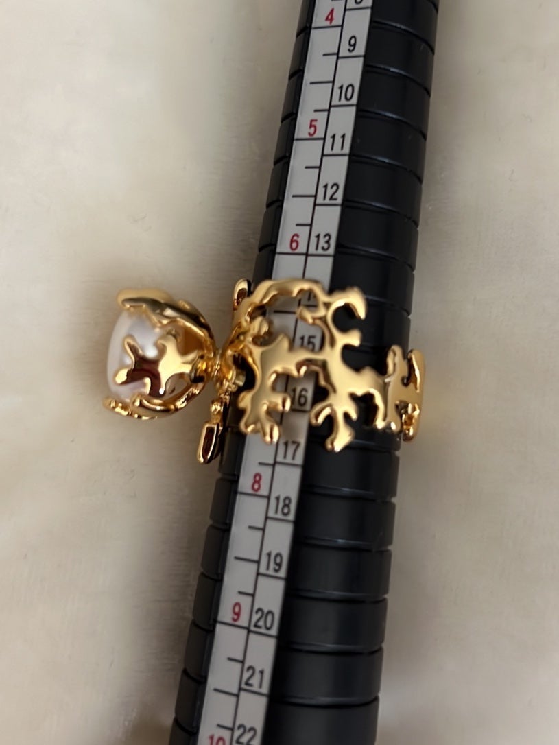 NEW gold plated coral wide band with natural bun pearl ring Sz 7