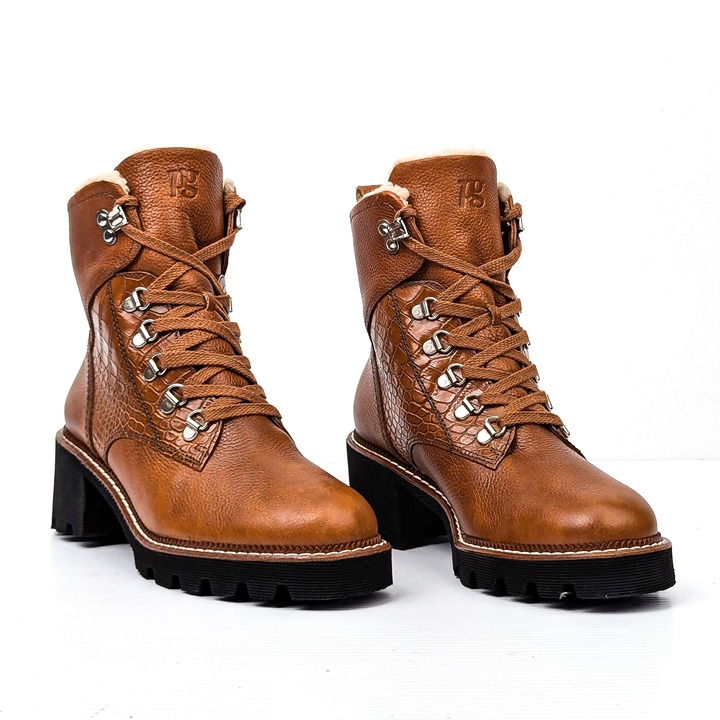 Paul Green Women Kayla Brown Leather Faux Fur Lined Combat Boots sz 7US AUS 4.5