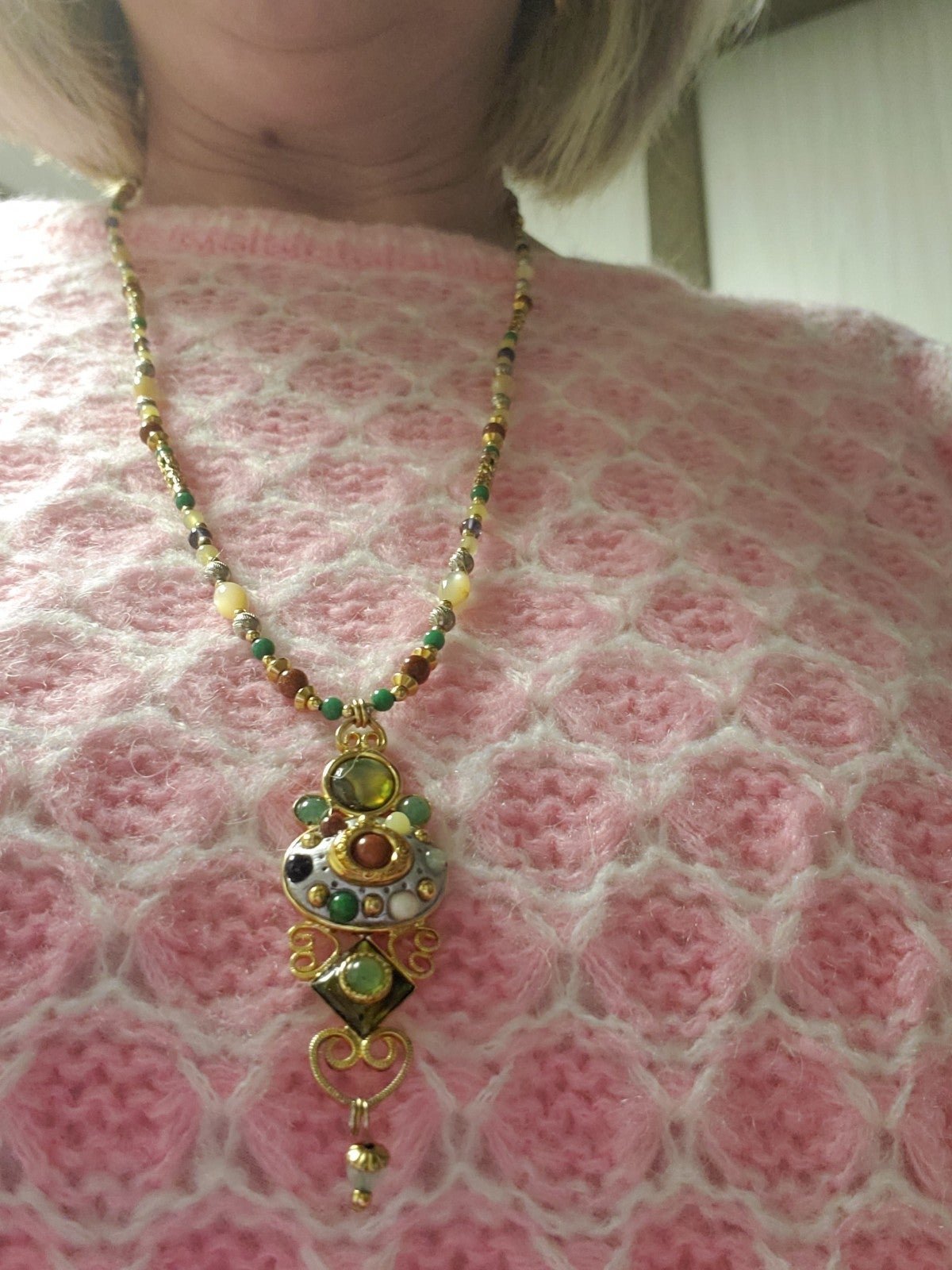 Michal Golan Vintage Gold Tone Jade Ornate Beaded Necklace