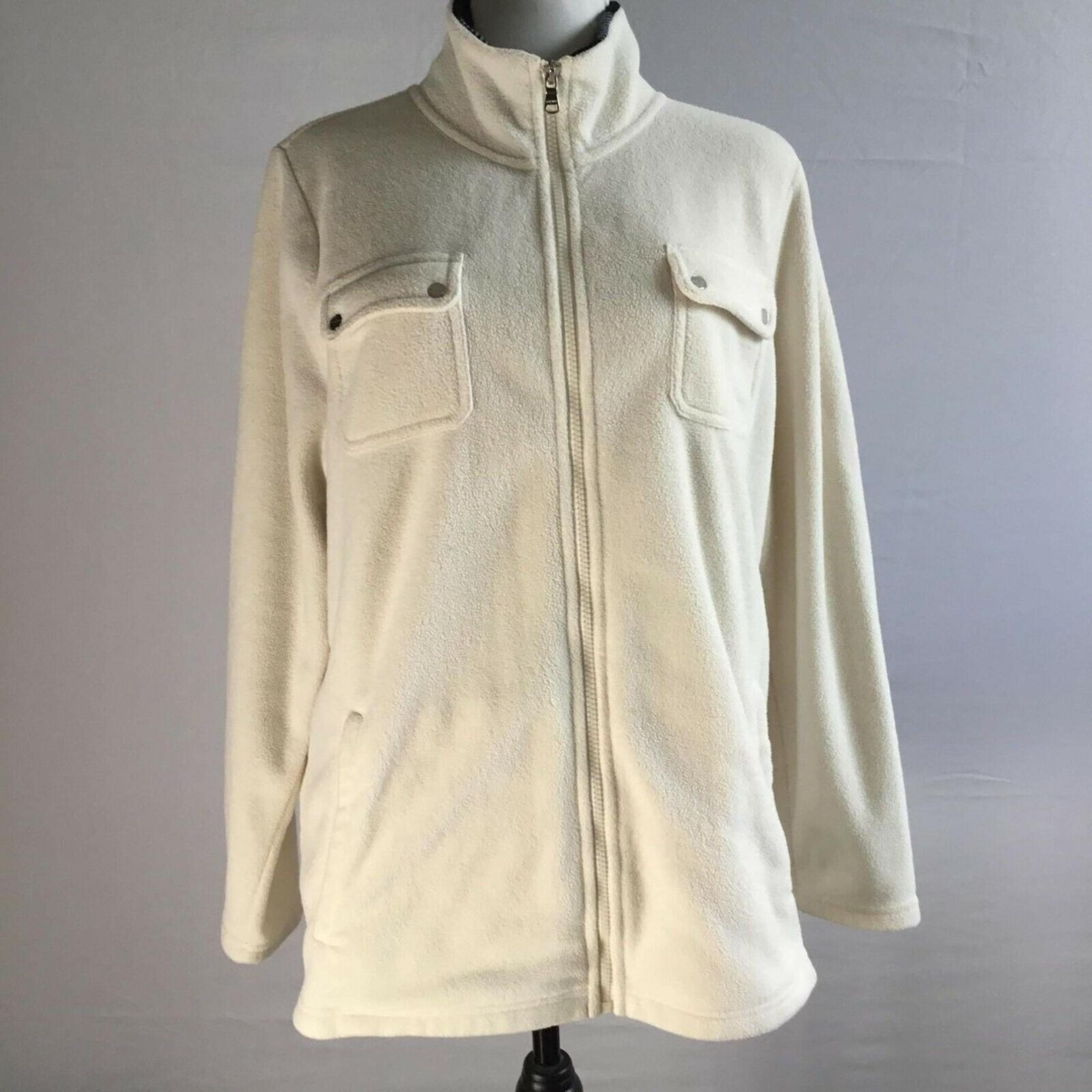 CHAPS womens Jacket Cream 1X Polyester Collared Fleece Full Zipper Soft Pockets