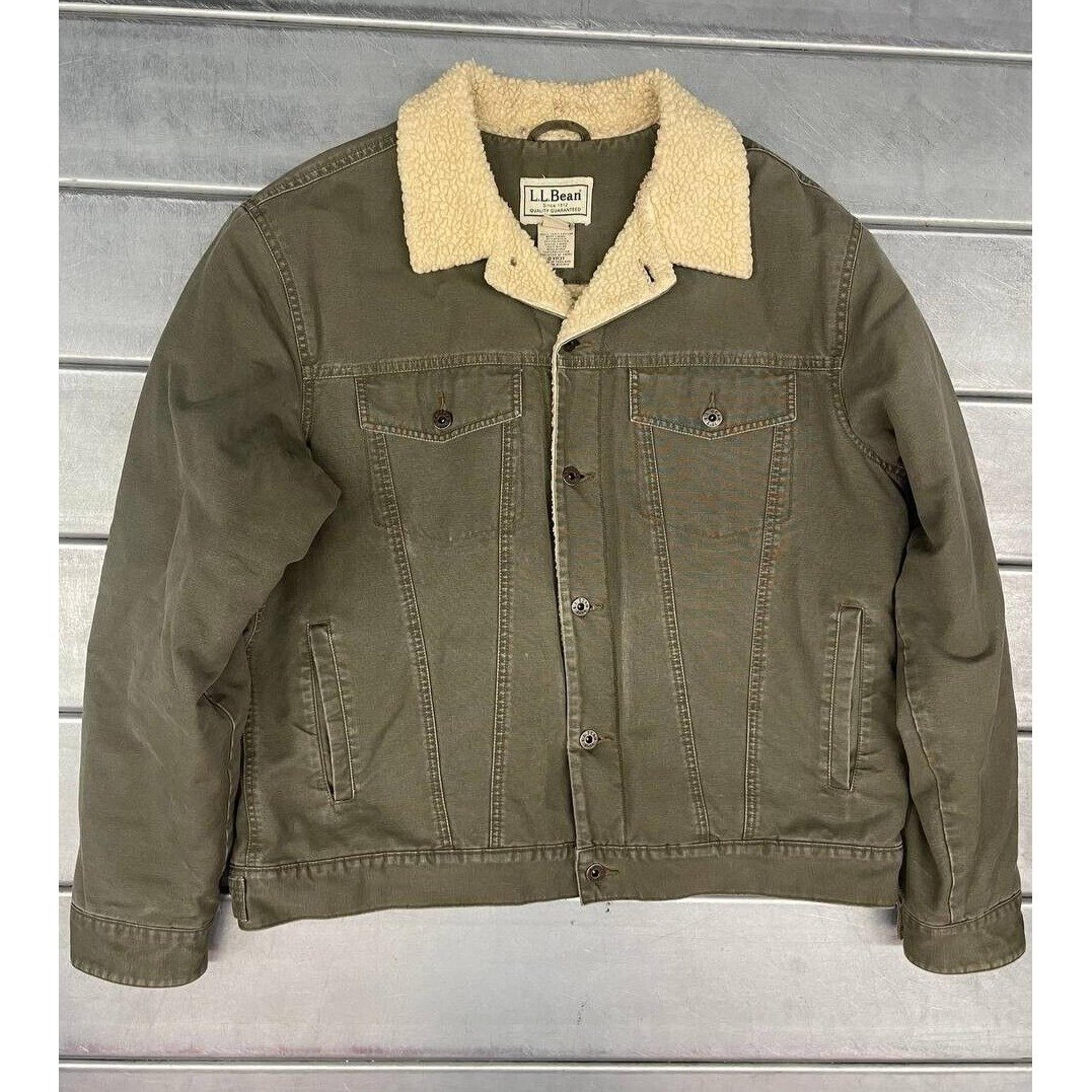 LL Bean Denim Jacker Mens Large Green Chore Sherpa Lined Trucker Bomber Coat