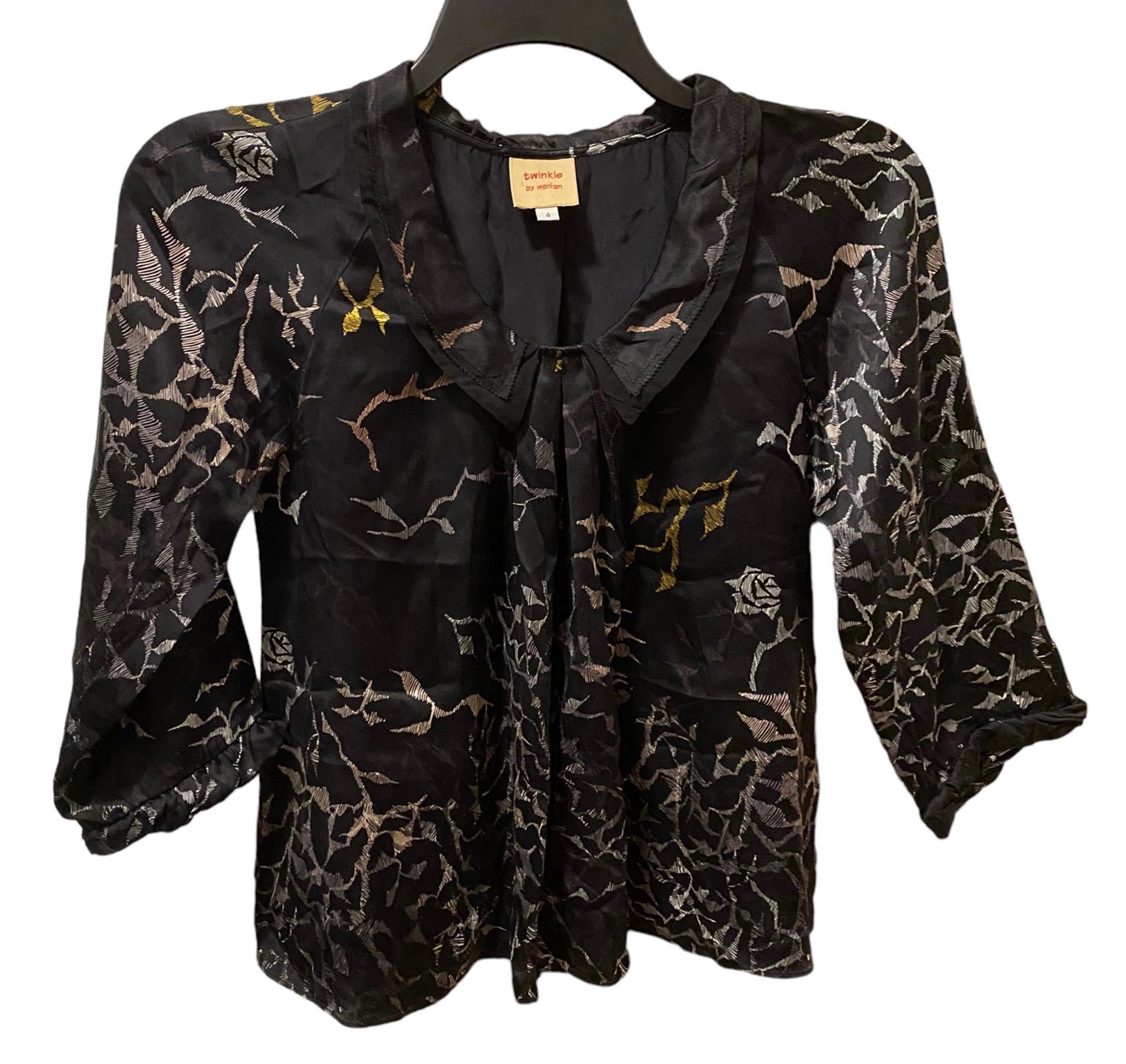 Twinkle By Wenlan Silk Charmeuse Blouse Top Branches Black White Gold Size 4