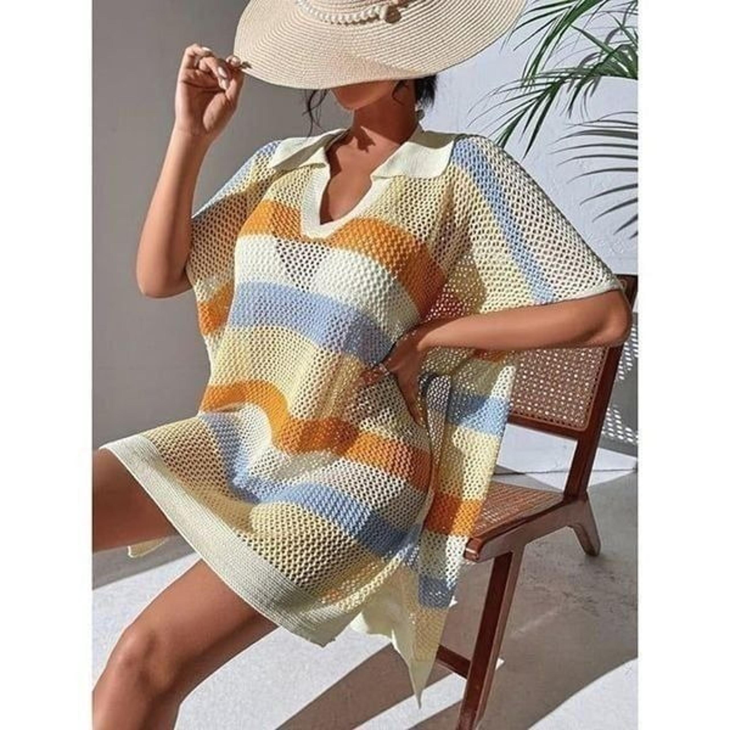 Maeve by Anthropologie Cream Yellow Rust Aqua Striped Open Knit Polo Beach Cover