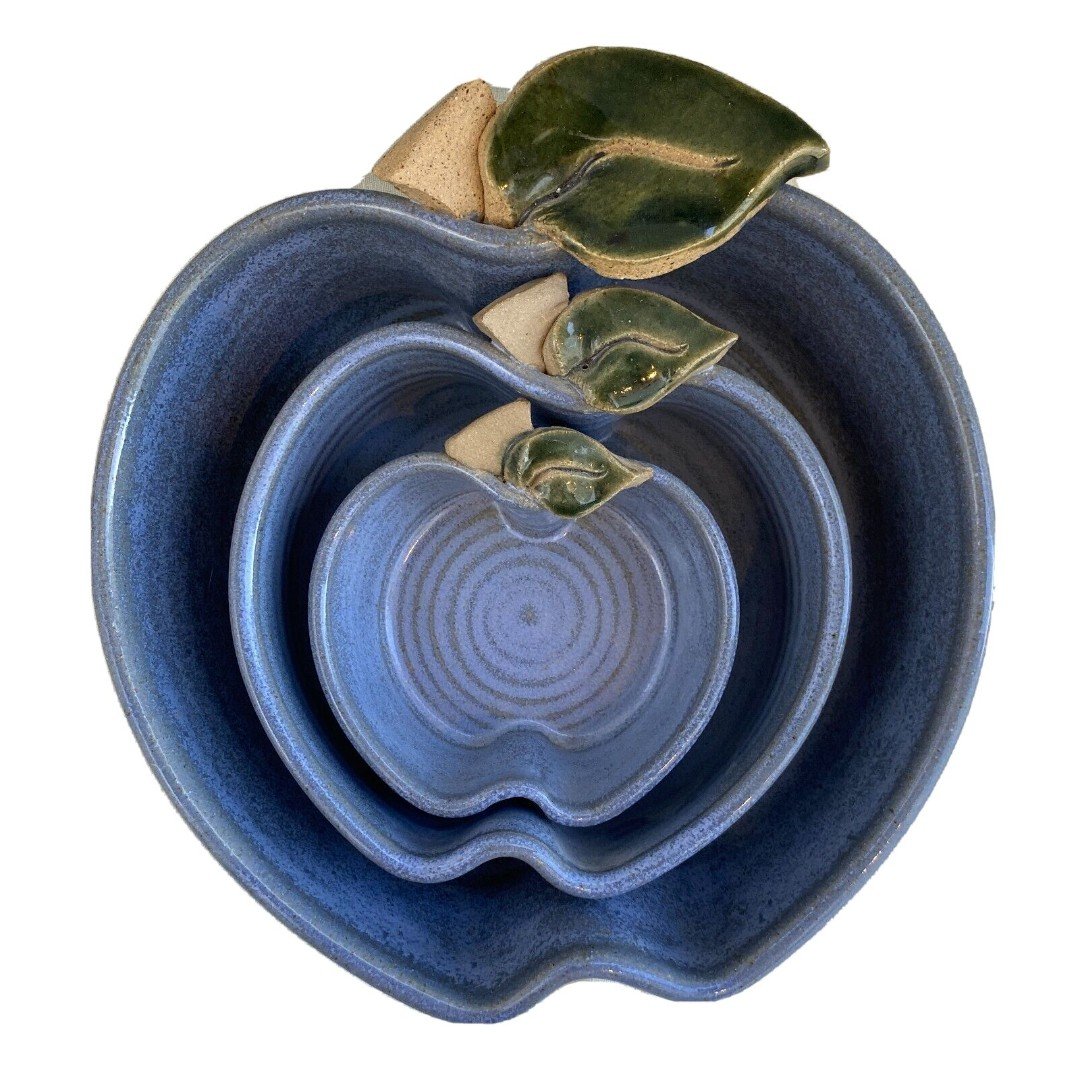 Set of 3 Apple Shaped Studio Art Pottery Blue Bowls/Dishes - Signed