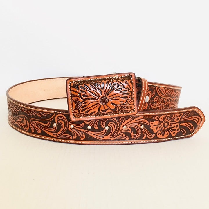 Men's western leather belt hand tooled rodeo belt 2 inch. Cinto vaquero rodeo