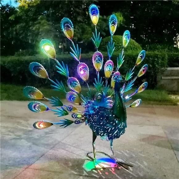 Blue Peacock Outdoor Decoration Garden Solar Lights Metal Animal Outdoor