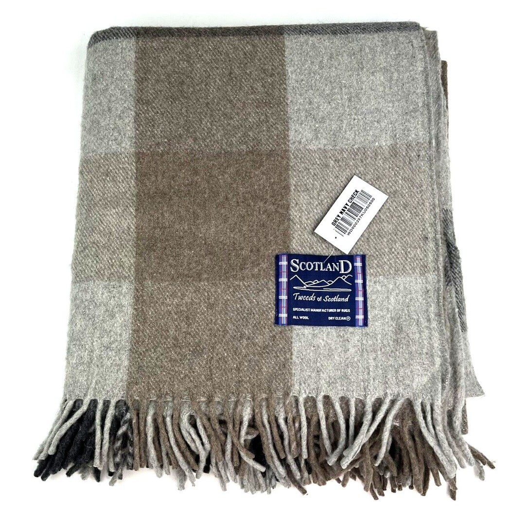 Tweeds of Scotland Wool Throw Blanket/Rug Fringe Grey Navy Check 61 x65 NWT
