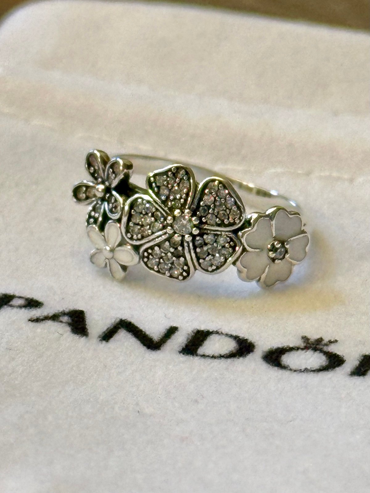New! Size 7 Womens Pandora Shimmering bouquet silver floral ring