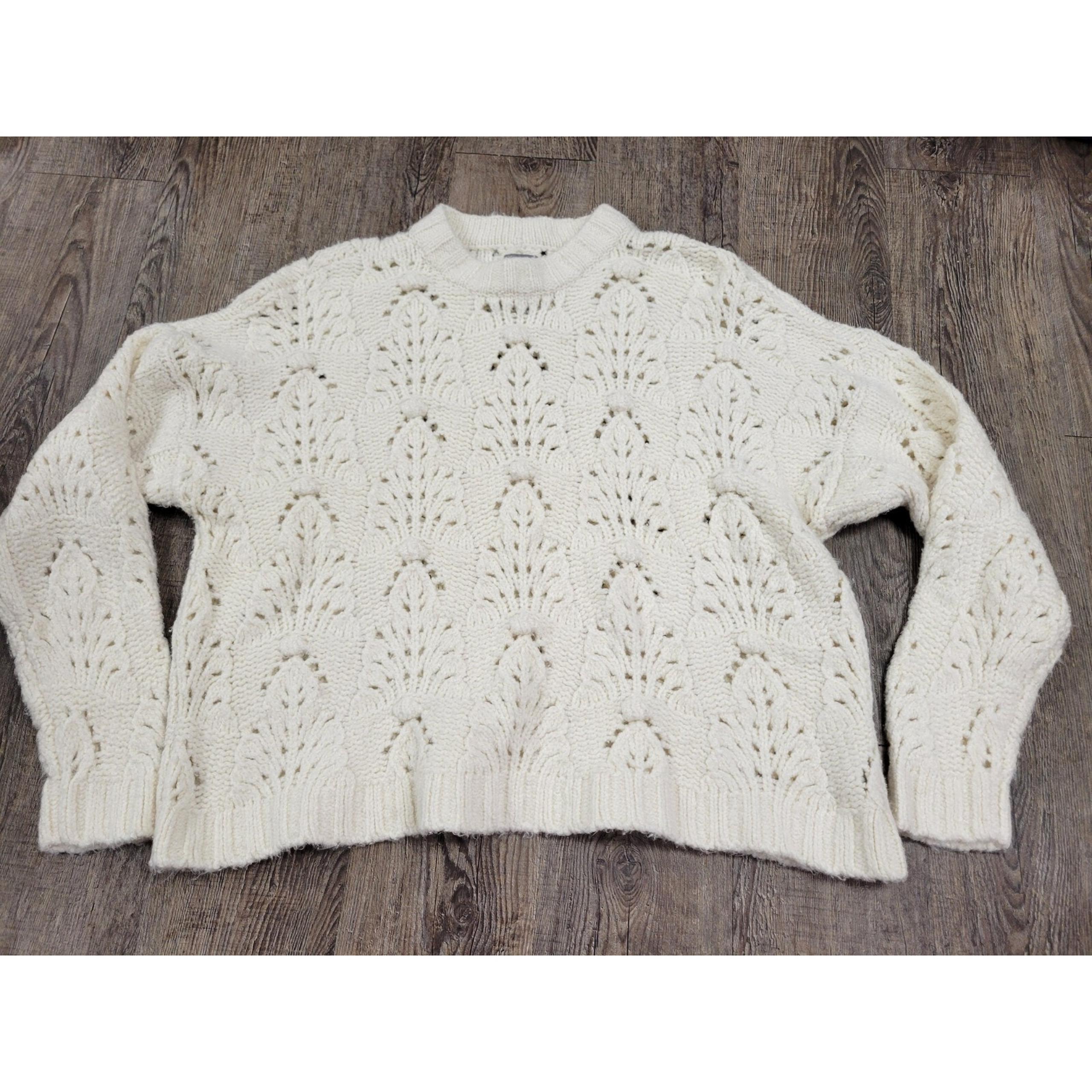 Aerie Womens Crochet Ivory Knit Sweater Crewneck Chunky Size Medium