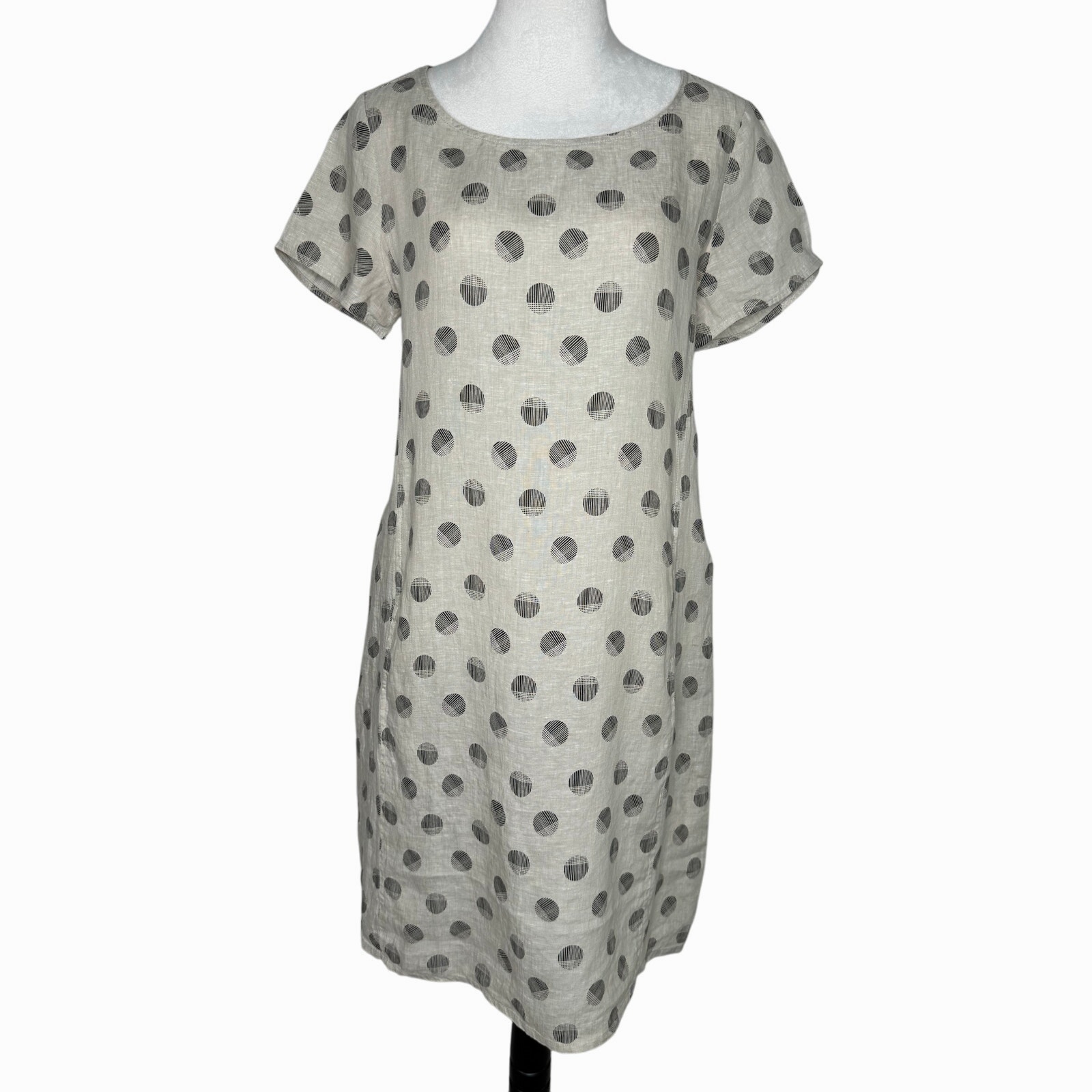 Habitat Linen Dress Medium Polka Dot Short Sleeve Pockets Neutral Lagenlook