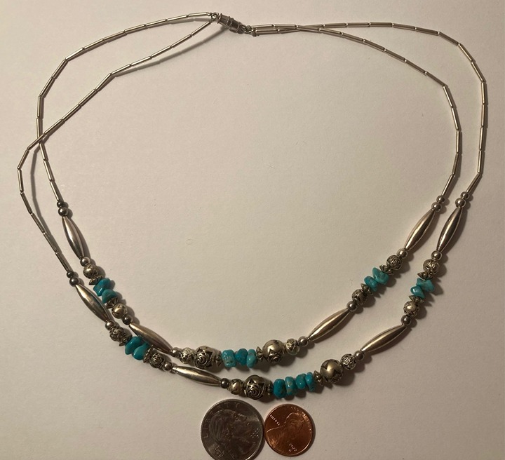 Vintage Silver and Turquoise Double Strand Necklace, Native Design, Quality