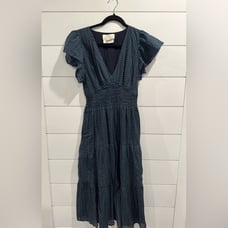 Trovata Birds of Paradis blue floral smocked Kendall midi dress