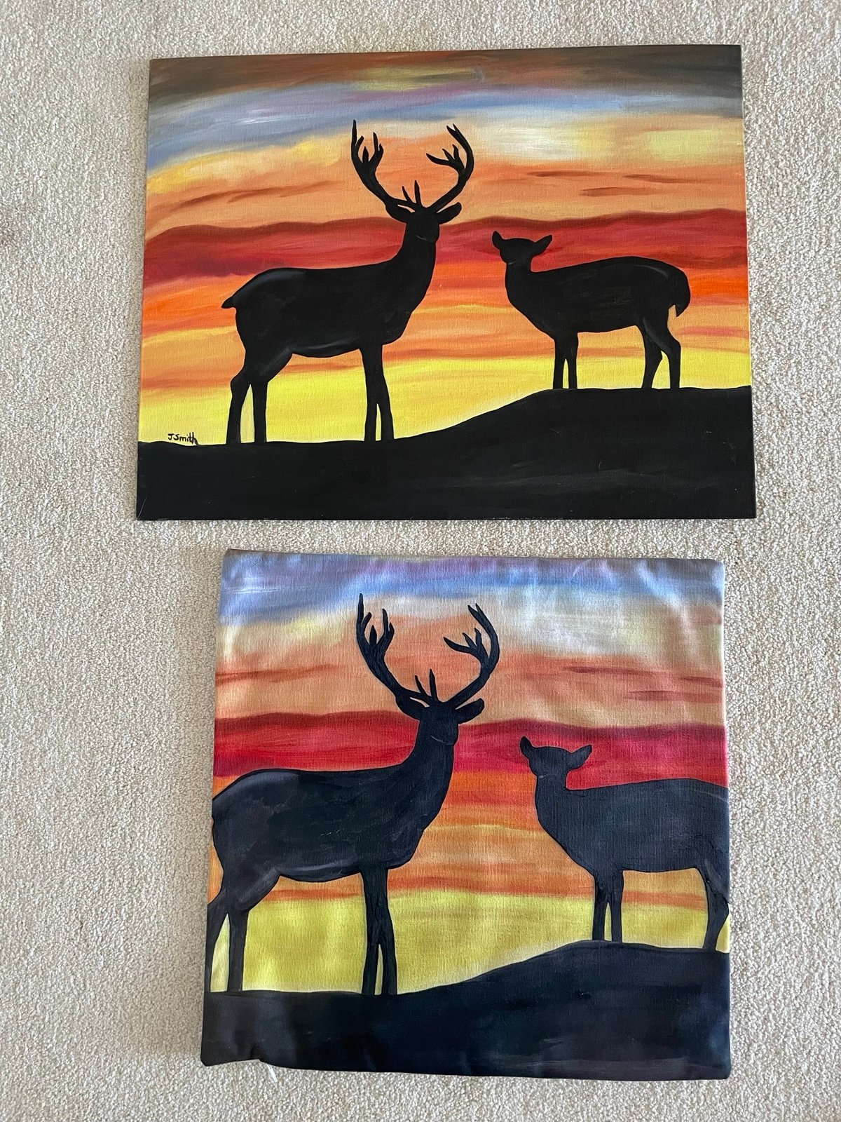 Original oil painting 16 x 20 inches with matching pillow cover doe buck deer