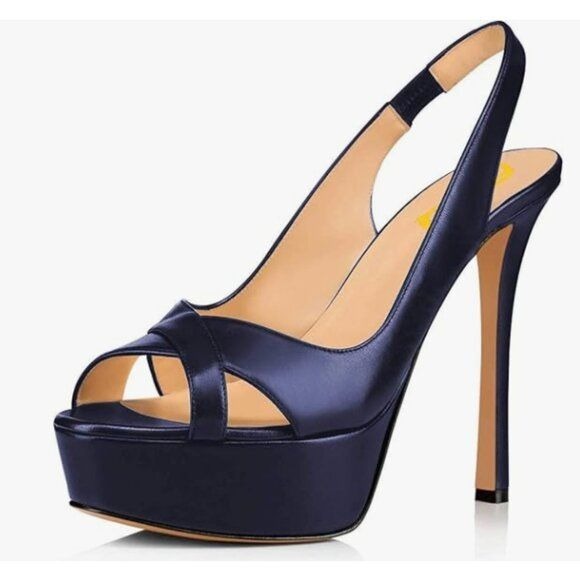 FSJ Navy Thin High Heel Peep Toe Platform Sandals Slingback Pump Party Shoes