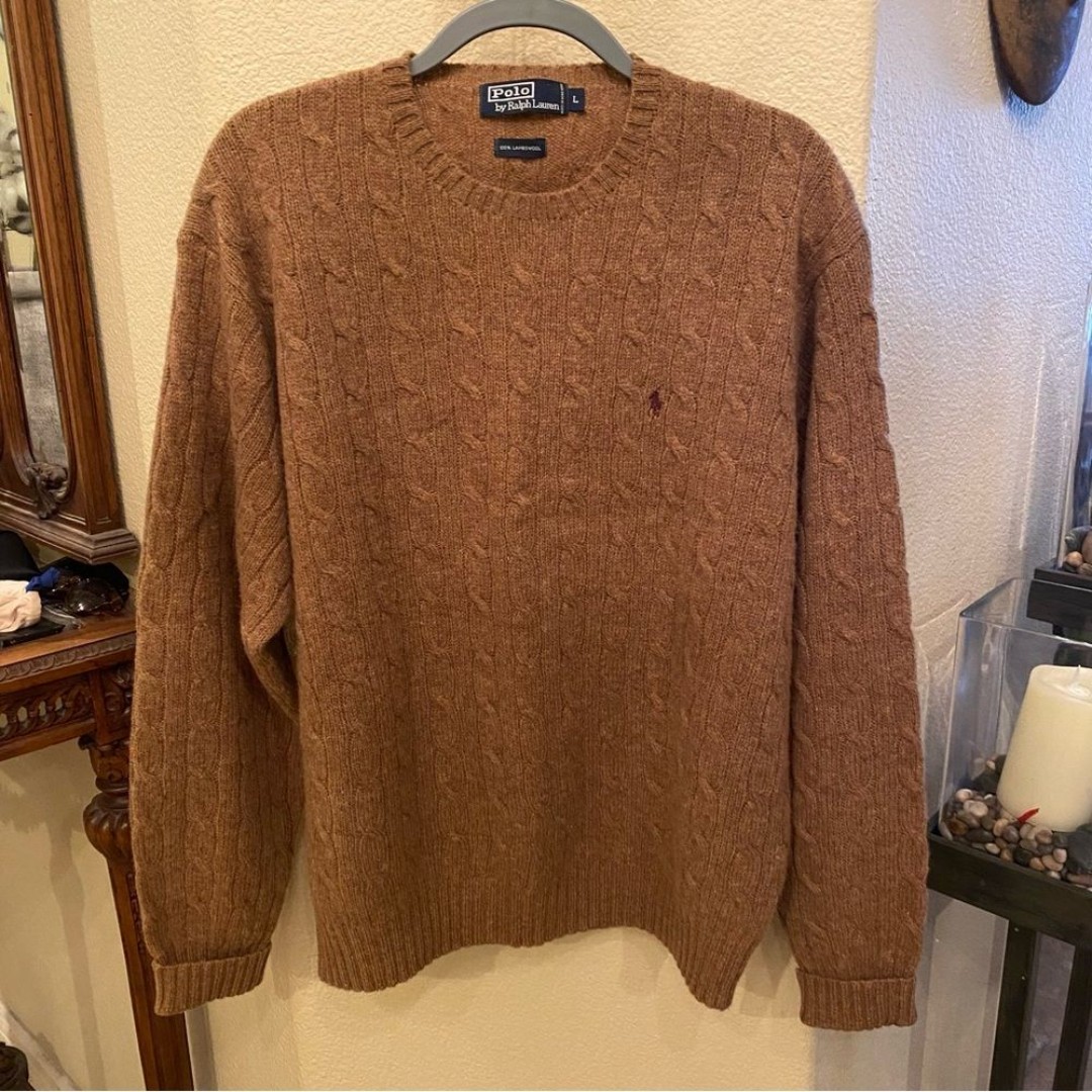 Vtg Polo by Ralph Lauren Men Light Brown Cable Knit 100% Lambswool Sweater Large
