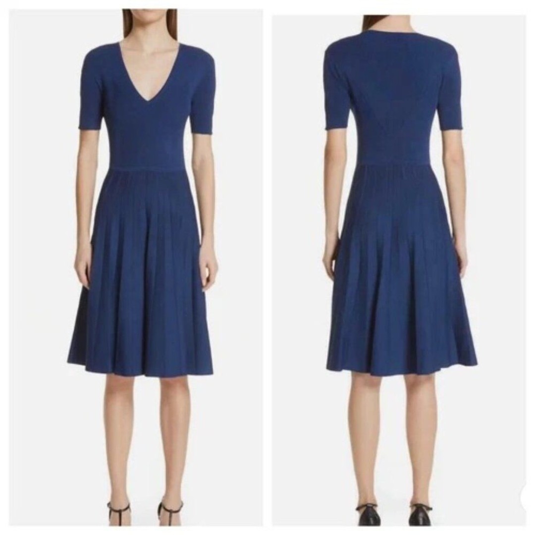 Jason Wu Blue Pleated Fit & Flare Midi Dress with V-Neck