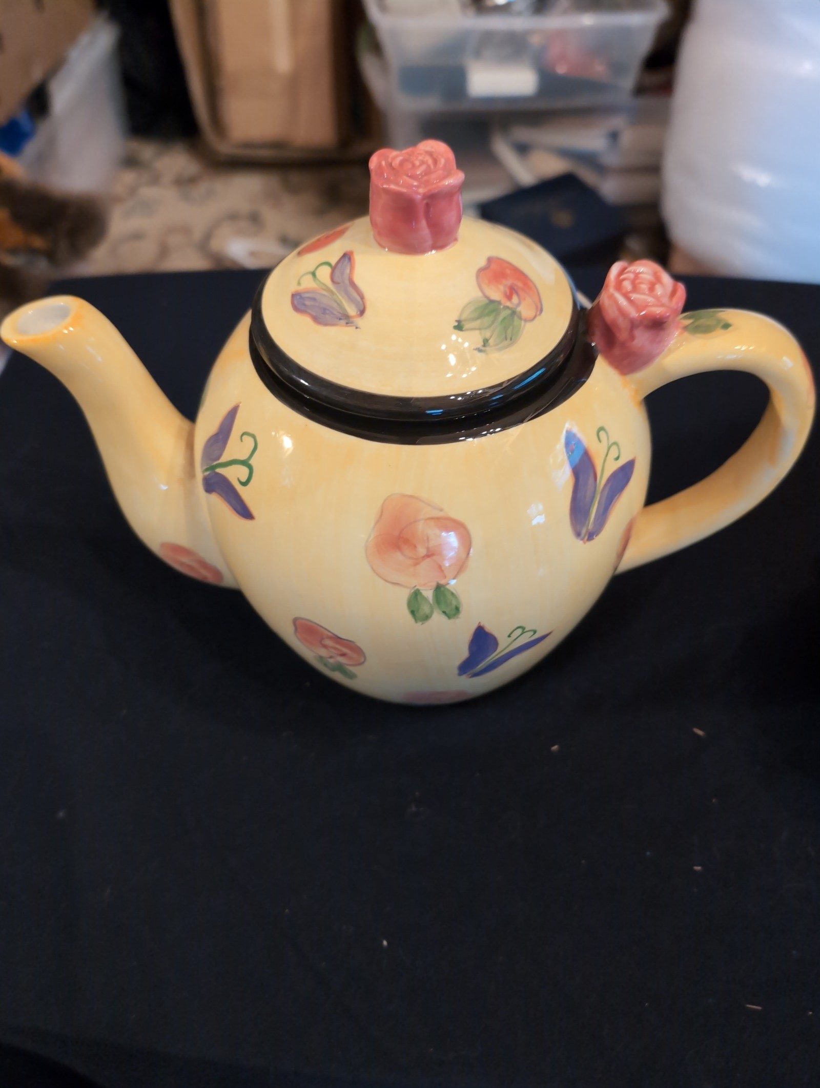 Vintage Yellow Porcelain Tea Pot with Roses and Butterflies and a Rose Bud