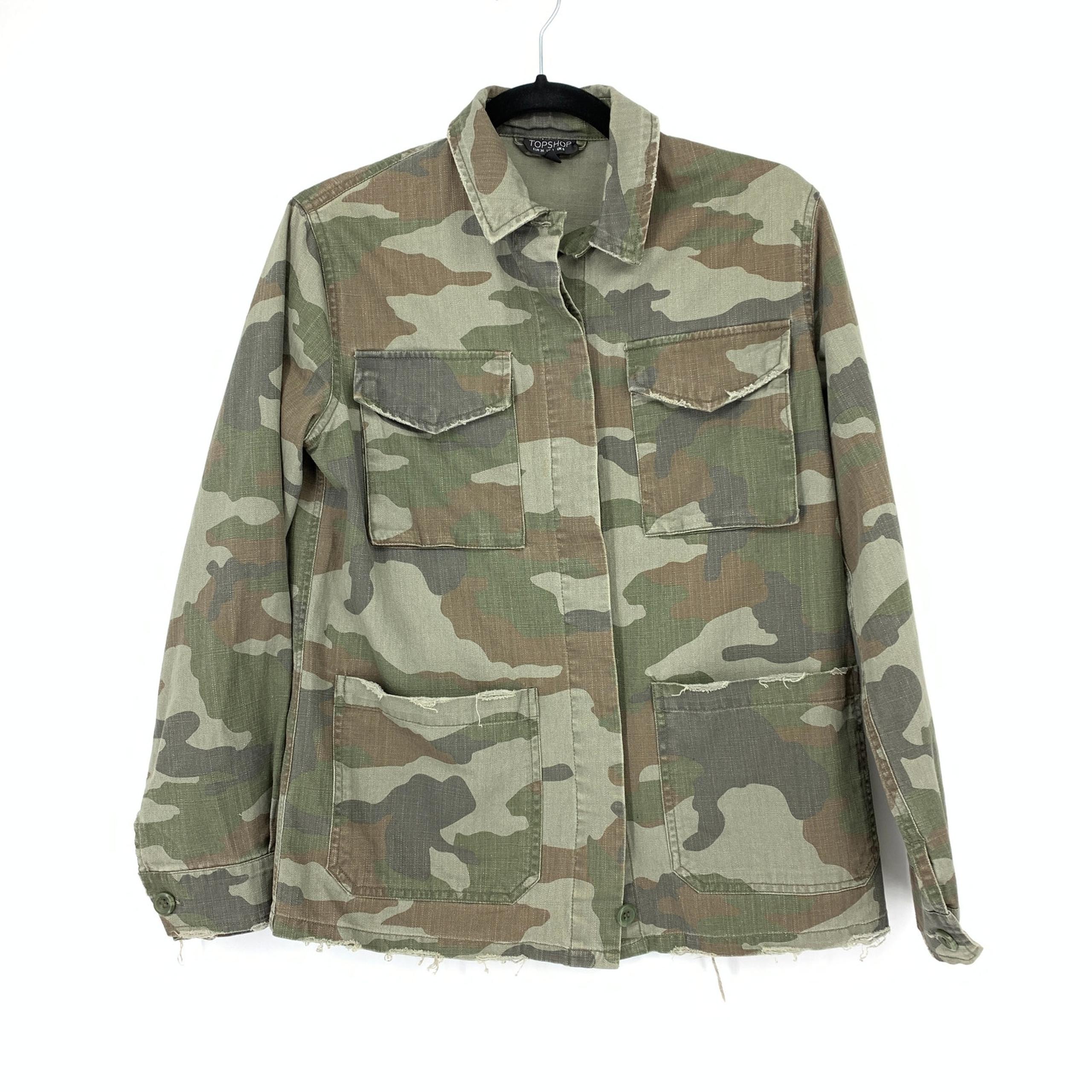 Topshop Women's Size 4 Green Jacket Camouflage Print Collared Front Pockets