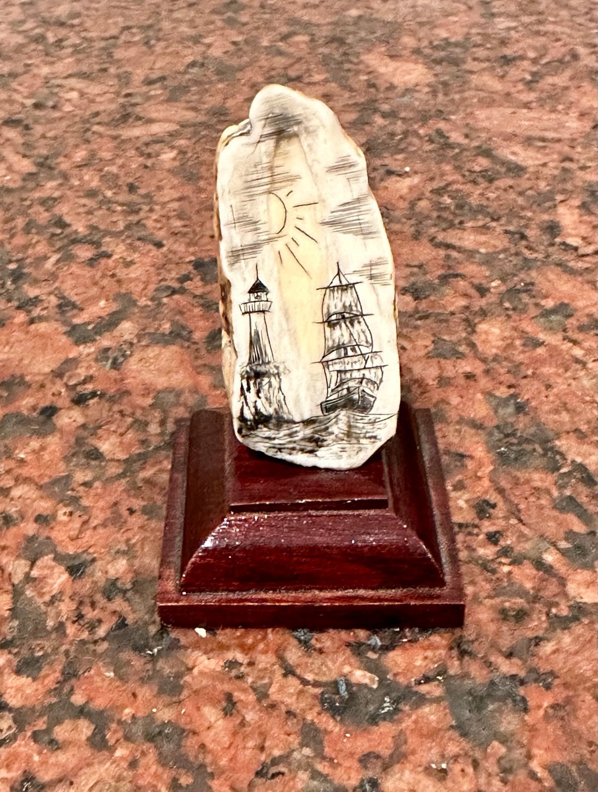 Fossil Ivory Scrimshaw, Clipper And Lighthouse Scene Merchant Maritime