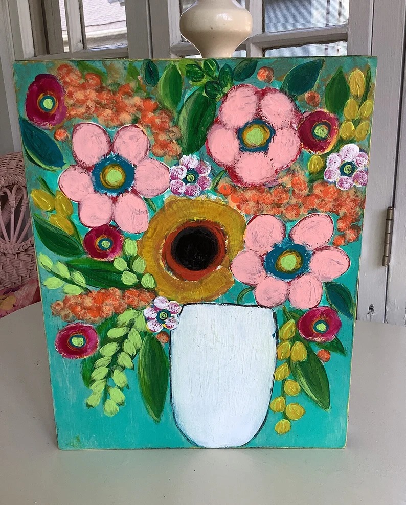 8 by 10/Hand Painted/Acrylic Flower Painting on Wood with Cradle2