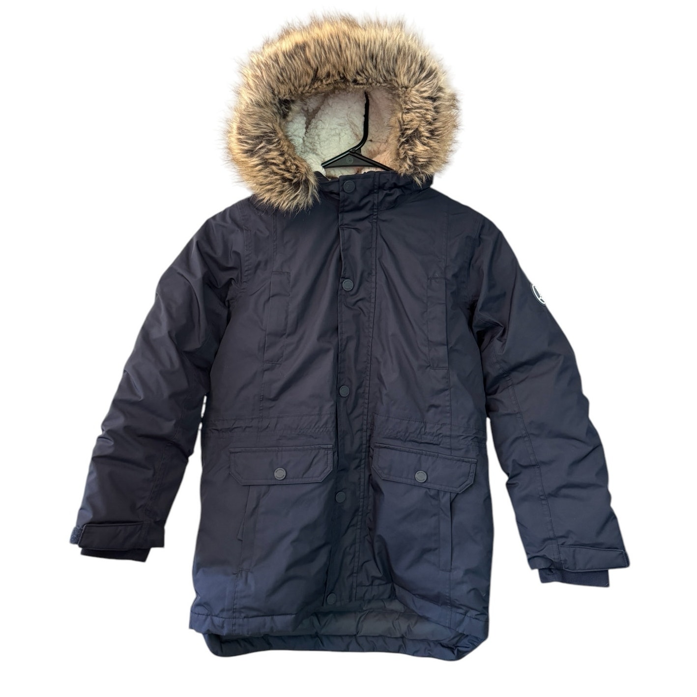 Lands End Kids Expedition Waterproof Winter Down Parka Large 10-12 Navy Fur Trim