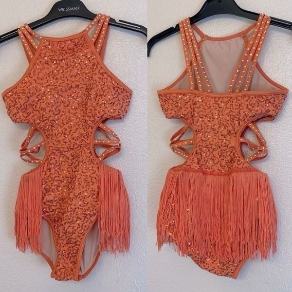 Weissman Dance solo costume orange cutout Strappy Fringe Leotard SQ12169 MC