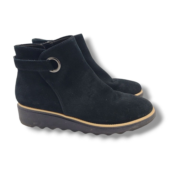 Clarks Collection Sharon Spring Boot Womens 7.5 Black Suede Wedge