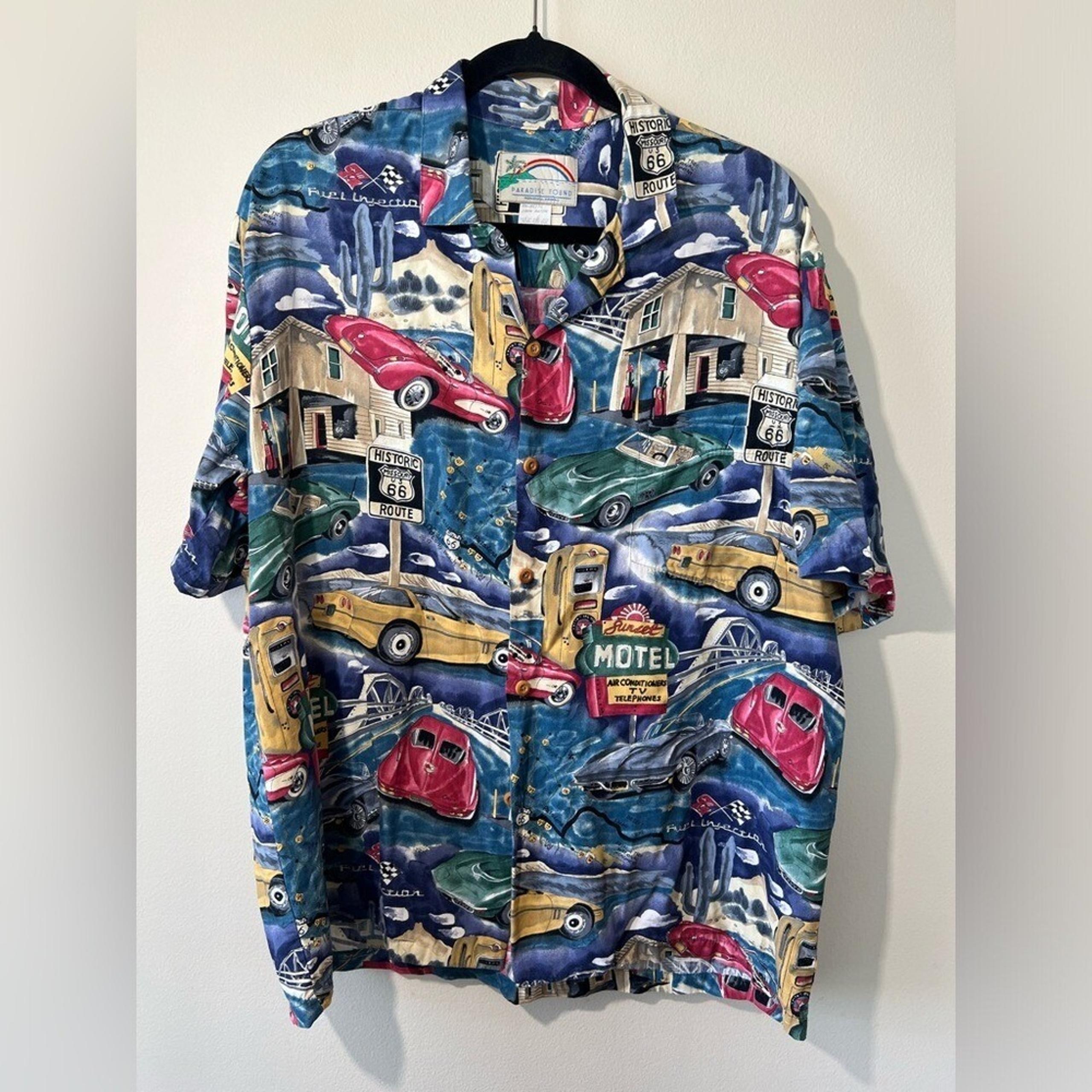 Paradise Found Vintage Corvette Button-Up Shirt Men's L Route 66 Car Print