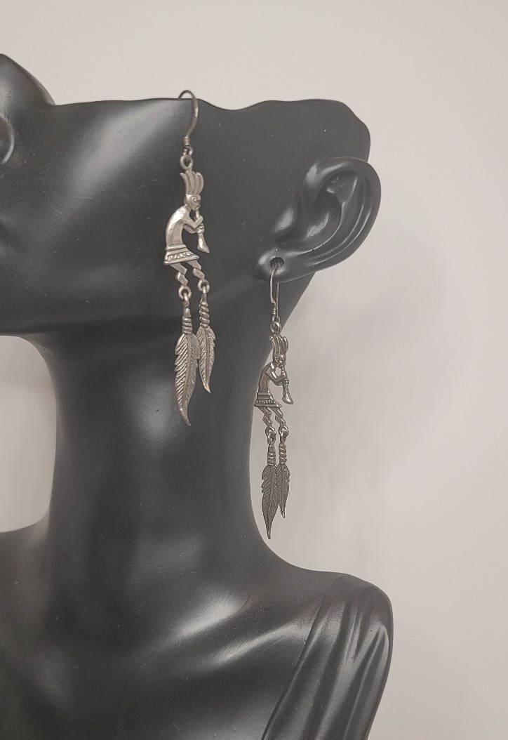 Vintage Long Sterling Silver American Indian Kokopelli Feathers Earrings