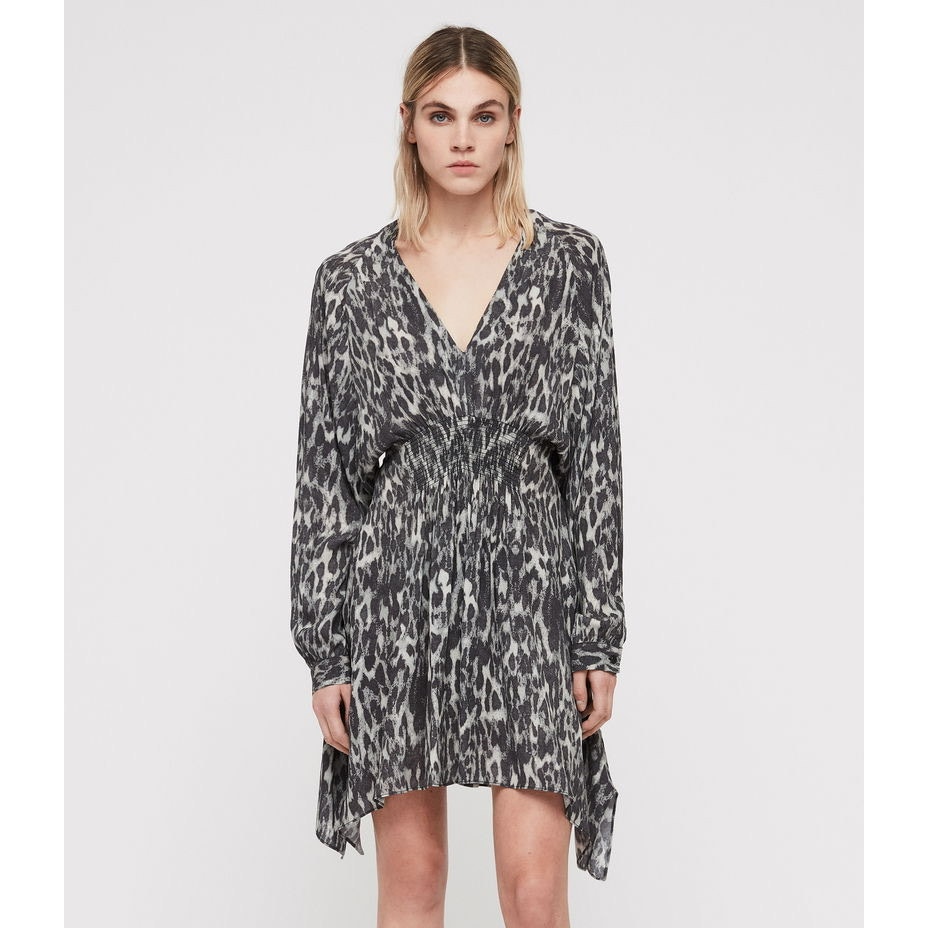 All Saints Nichola Gray Leopard Animal V-Neck Handkerchief Mini Dress Size M